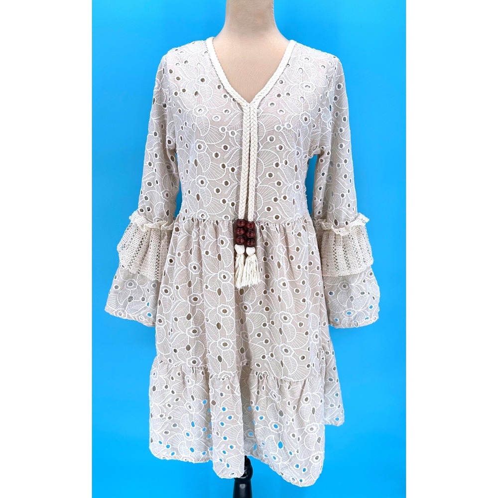 ESQ Boho Floral Eyelet Mini Dress Tan Cream Bell Sleeve Tassel Wood Bead Large